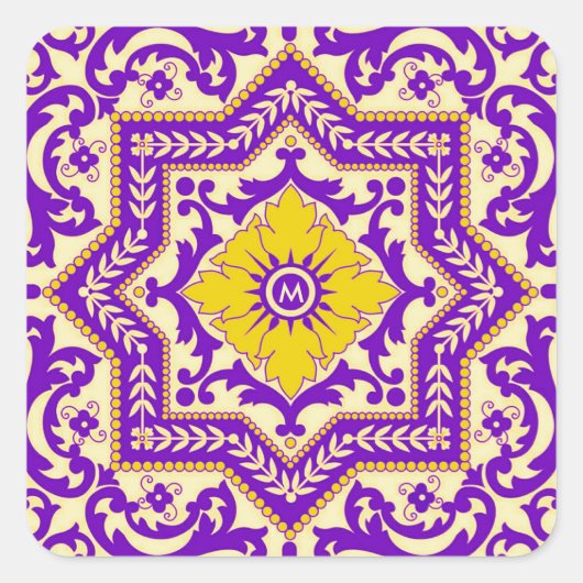 Azulejo Ceramic Style Ornament Monogram Vierkante Sticker (Voorkant)
