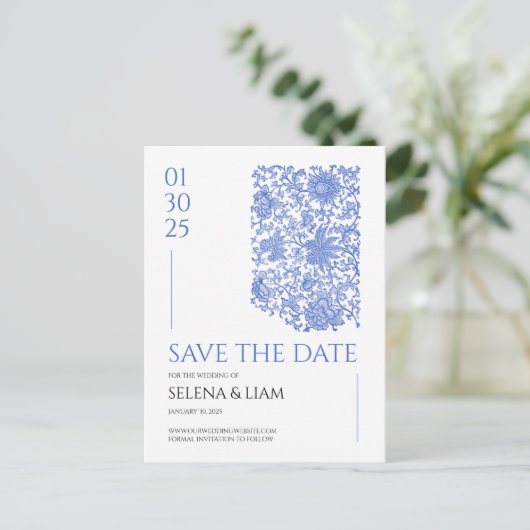Azulejo Chinoserie Blue Floral Save the Date Briefkaart (Staand voorkant)