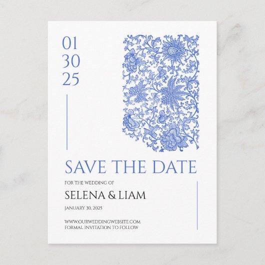 Azulejo Chinoserie Blue Floral Save the Date Briefkaart (Voorkant)