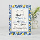 Azulejo citroenen blauw blad botanisch Baby shower Kaart (Staand voorkant)