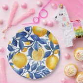 Azulejo Citroenen Blauwe Bladeren Patroon Papieren Bordje (Feest)