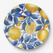 Azulejo Citroenen Blauwe Bladeren Patroon Papieren Bordje (Voorkant)