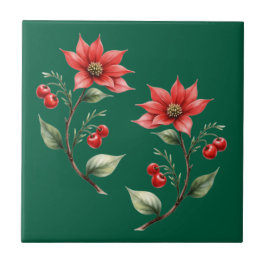 Azulejo decorativlo Natal verde e Flores Vermelhas Tegeltje