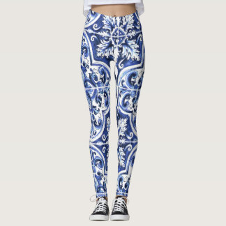 Azulejo Dolce Tegel Patroon Leggings Blauw Keramis