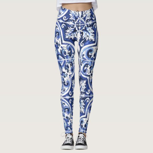 Azulejo Dolce Tegel Patroon Leggings Blauw Keramis (Voorkant)