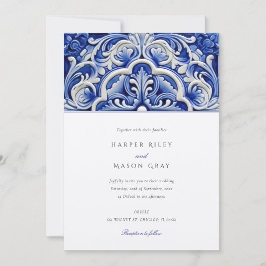 Azulejo Elegant Bloemen Keramische Tegel Bruiloft Kaart (Voorkant)