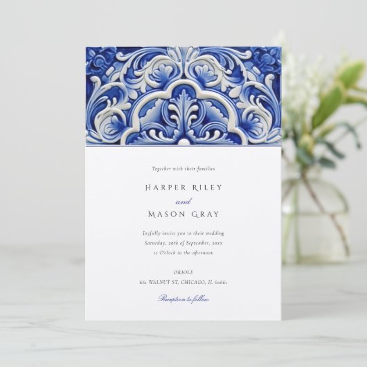 Azulejo Elegant Bloemen Keramische Tegel Bruiloft Kaart (Staand voorkant)