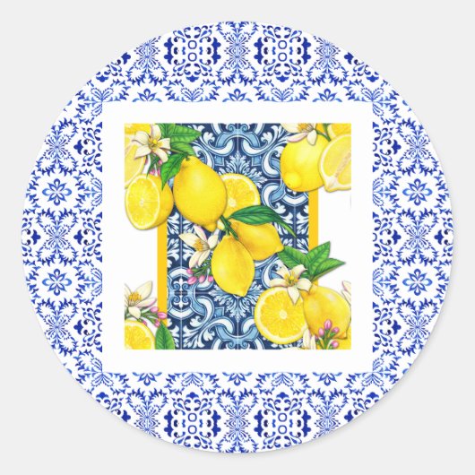 Azulejo grecian lemon Portugese tegels zomer Ronde Sticker (Voorkant)