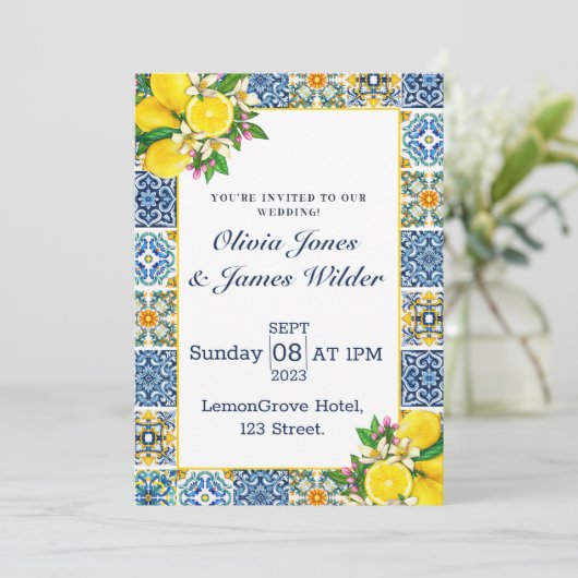 Azulejo Lemon Tegels Wedding Kaart (Staand voorkant)