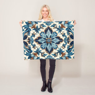 Azulejo Porselein Blauwe Tegel Mediterraan Patroon Fleece Deken