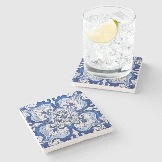 Azulejo Portugal Floral Pattern Stenen Onderzetter (Zijkant)