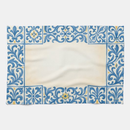 Azulejo Portugese stilstaande aquarelontwerp Theedoek (Horizontaal)