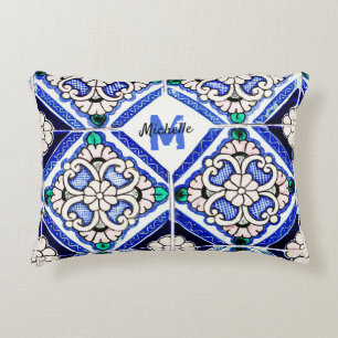 Azulejo Spanish Pattern Tiles Navy White Monogram Accent Kussen