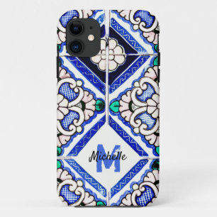 Azulejo Spanish Pattern Tiles Navy White Monogram Case-Mate iPhone Case