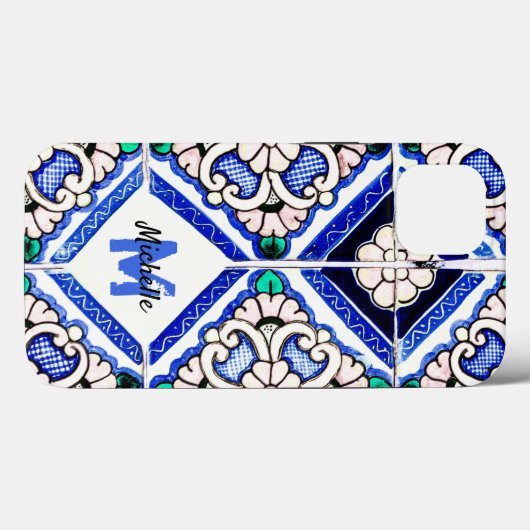 Azulejo Spanish Pattern Tiles Navy White Monogram Case-Mate iPhone Case (Achterkant (horizontaal))