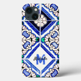 Azulejo Spanish Pattern Tiles Navy White Monogram Case-Mate iPhone Case