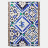Azulejo Spanish Pattern Tiles Navy White Monogram Deken (Voorkant Verticaal)