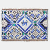 Azulejo Spanish Pattern Tiles Navy White Monogram Deken (Voorkant)