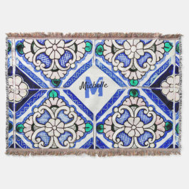 Azulejo Spanish Pattern Tiles Navy White Monogram Deken