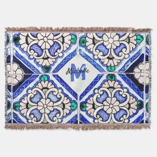 Azulejo Spanish Pattern Tiles Navy White Monogram Deken (Voorkant)