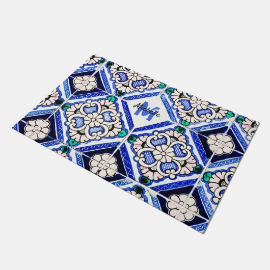Azulejo Spanish Pattern Tiles Navy White Monogram Deurmat (Schuin)