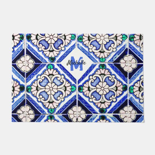 Azulejo Spanish Pattern Tiles Navy White Monogram Deurmat (Voorkant)