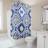 Azulejo Spanish Pattern Tiles Navy White Monogram Douchegordijn (In situ)