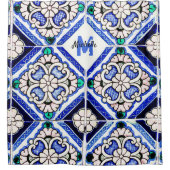 Azulejo Spanish Pattern Tiles Navy White Monogram Douchegordijn (Voorkant)