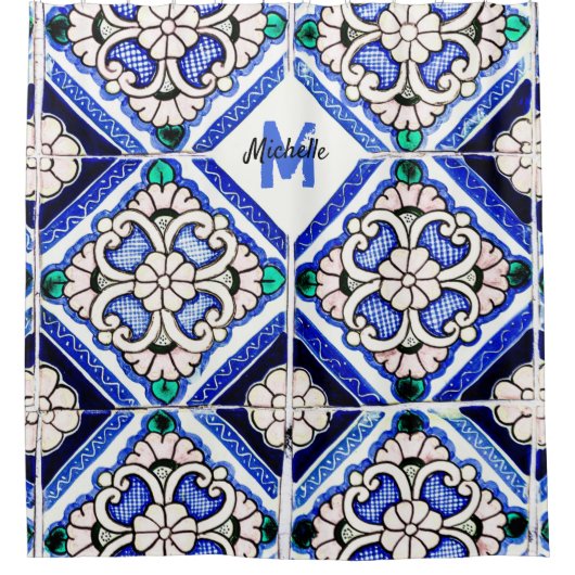 Azulejo Spanish Pattern Tiles Navy White Monogram Douchegordijn (Voorkant)