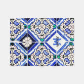 Azulejo Spanish Pattern Tiles Navy White Monogram Fleece Deken (Voorkant (Horizontaal))