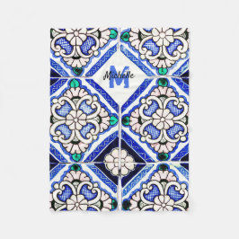 Azulejo Spanish Pattern Tiles Navy White Monogram Fleece Deken