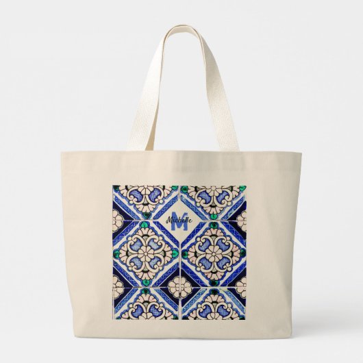 Azulejo Spanish Pattern Tiles Navy White Monogram Grote Tote Bag (Achterkant)