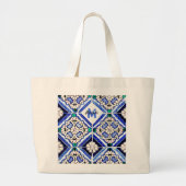 Azulejo Spanish Pattern Tiles Navy White Monogram Grote Tote Bag (Voorkant)