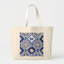 Azulejo Spanish Pattern Tiles Navy White Monogram Grote Tote Bag