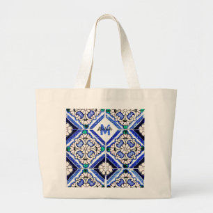 Azulejo Spanish Pattern Tiles Navy White Monogram Grote Tote Bag