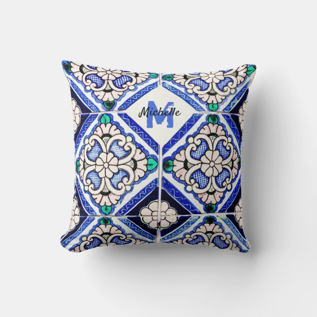 Azulejo Spanish Pattern Tiles Navy White Monogram Kussen (Voorkant)