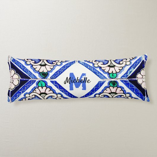 Azulejo Spanish Pattern Tiles Navy White Monogram Lichaamskussen (Achterkant)