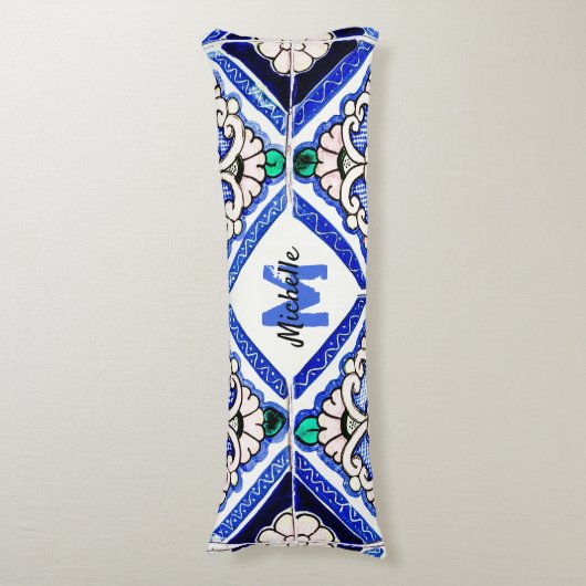 Azulejo Spanish Pattern Tiles Navy White Monogram Lichaamskussen (Voorkant Verticaal)