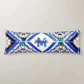Azulejo Spanish Pattern Tiles Navy White Monogram Lichaamskussen (Voorkant)