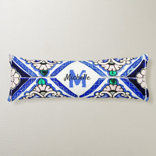 Azulejo Spanish Pattern Tiles Navy White Monogram Lichaamskussen