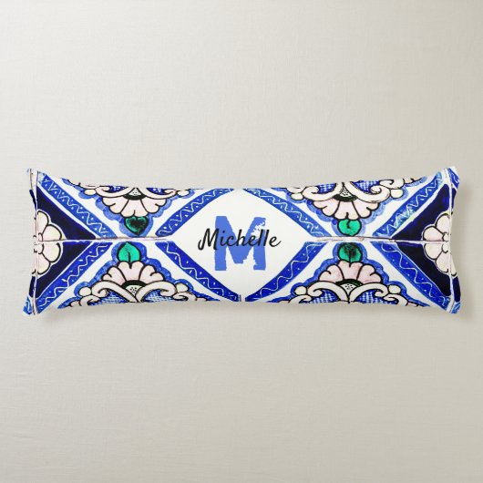 Azulejo Spanish Pattern Tiles Navy White Monogram Lichaamskussen (Voorkant)