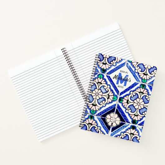 Azulejo Spanish Pattern Tiles Navy White Monogram Notitieboek (Binnen)