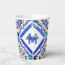 Azulejo Spanish Pattern Tiles Navy White Monogram Papieren Bekers