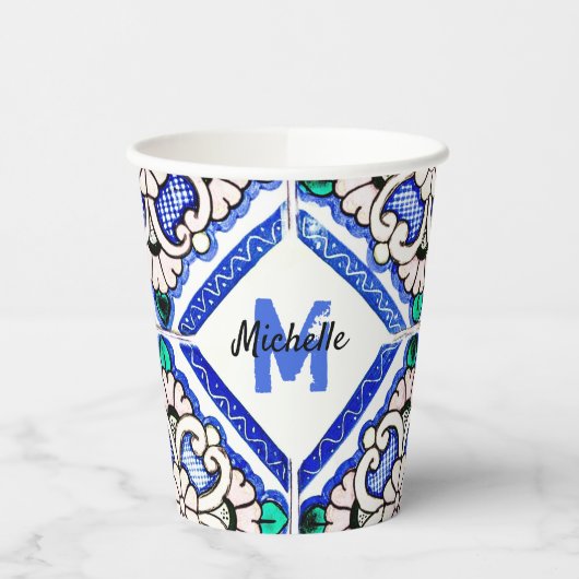 Azulejo Spanish Pattern Tiles Navy White Monogram Papieren Bekers (Links)