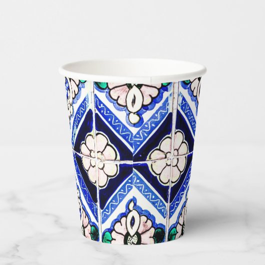 Azulejo Spanish Pattern Tiles Navy White Monogram Papieren Bekers (Rechts)