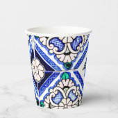 Azulejo Spanish Pattern Tiles Navy White Monogram Papieren Bekers (Voorkant)