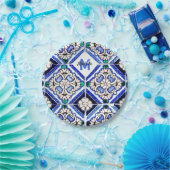 Azulejo Spanish Pattern Tiles Navy White Monogram Papieren Bordje (Feest)