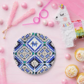 Azulejo Spanish Pattern Tiles Navy White Monogram Papieren Bordje (Feest)