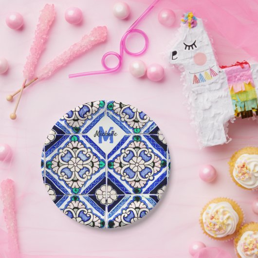 Azulejo Spanish Pattern Tiles Navy White Monogram Papieren Bordje (Feest)
