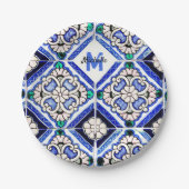 Azulejo Spanish Pattern Tiles Navy White Monogram Papieren Bordje (Voorkant)